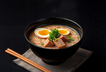 Traditional Japanese Ramen with Pork Belly, Soft-Boiled Egg and Scallions in Black Bowl