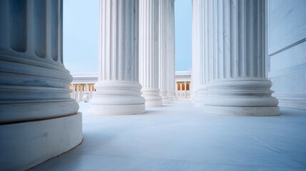 Fototapeta premium Tall, dark-toned marble columns stand in an organized row, casting soft shadows on the polished stone floor. This architectural beauty evokes a sense of history and grandeur