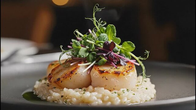 Close Up of Plating Delicious Scallops on Risotto with Greens Using Tweezers in Restaurant Kitchen Setting