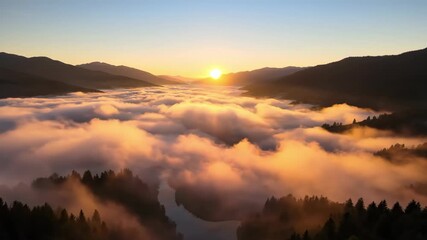 Soft morning light casts a golden glow over a thick blanket of fog in the valley. The sun slowly rises, illuminating the surrounding mountains. A peaceful moment in nature's beauty. - Powered by Adobe