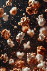 Golden Popcorn Kernels Dynamically Floating Against a Deep, Dark Background with Dramatic Lighting.
