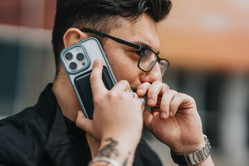 Fototapeta premium Person holding a smartphone to their ear, exemplifying modern technology and communication.