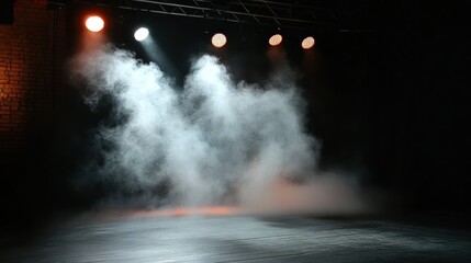 Empty stage lit by spotlights, fog