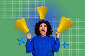 Sketch art image poster 3d banner collage of happy girl stand bell notification deadline emoji correspondence chat icon