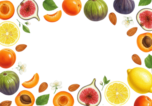 highly detailed watercolor illustration of vibrant spring fruits, nuts, and blossoms forming a dense decorative border on a transparent background with central copy space. concept of spring harvest