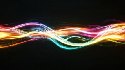 Abstract, colorful, wavy, glowing lines on dark background