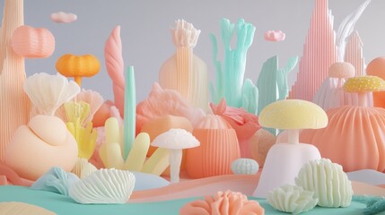 Pastel-colored, 3D-rendered landscape with sculpted forms resembling coral, mushrooms, and flora