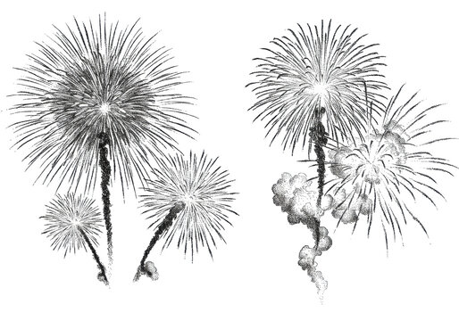 Intricate black and white pen and ink drawing of three dynamic pyrotechnic firework explosions composed of detailed lines and dots against a transparent background, concept of technical celebration