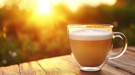 Glass coffee cup at sunset