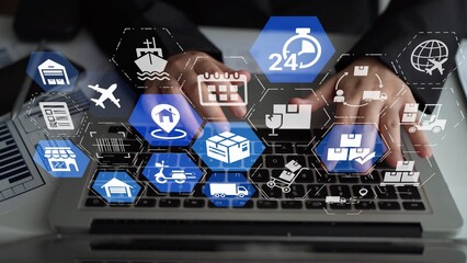 Goods delivery tracking icons show shipping, goods delivery routes, and loFunnelics monitoring....