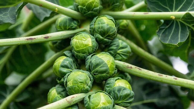 Brussels sprouts vertical pan up the stalk, showing growth progression. Healthy vegetable, organic farming, and fresh seasonal harvest.