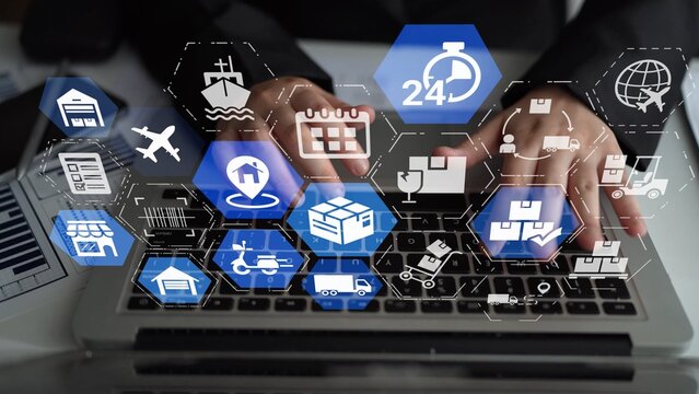 Goods delivery tracking icons show shipping, goods delivery routes, and loFunnelics monitoring. Goods delivery tracking ensures timely goods delivery, secure handling, and accurate tracking. Funnel