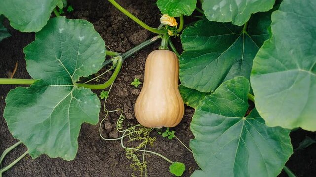 Butternut squash tracking shot following the winding vine. Healthy vegetable, organic farming, and seasonal autumn harvest concept.