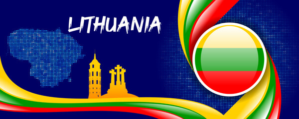 Lithuania Flag with Map and Famous Landmarks in Yellow, Green, and Red Abstract Background