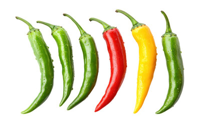 Variety of fresh chili peppers isolated on transparent background
