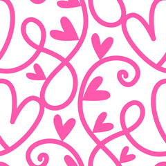 Vector seamless pattern with intertwining lines and hearts