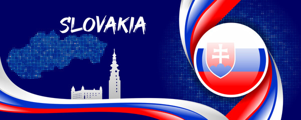 Slovakia Flag with Map and Famous Landmarks in White, Blue, and Red Abstract Background