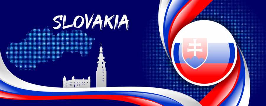 Slovakia Flag with Map and Famous Landmarks in White, Blue, and Red Abstract Background