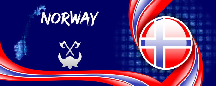 Norway Flag with Map and Famous Landmarks in Red, Blue, and White Abstract Background