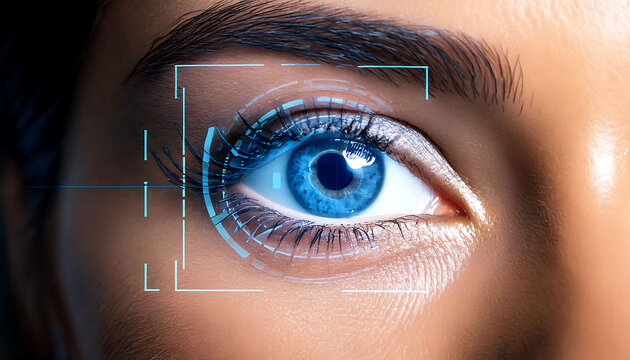 Stunning close-up of a woman's eye with a futuristic digital overlay.  Perfect for technology, security, or beauty concepts.  High-resolution image ideal for print or web use.