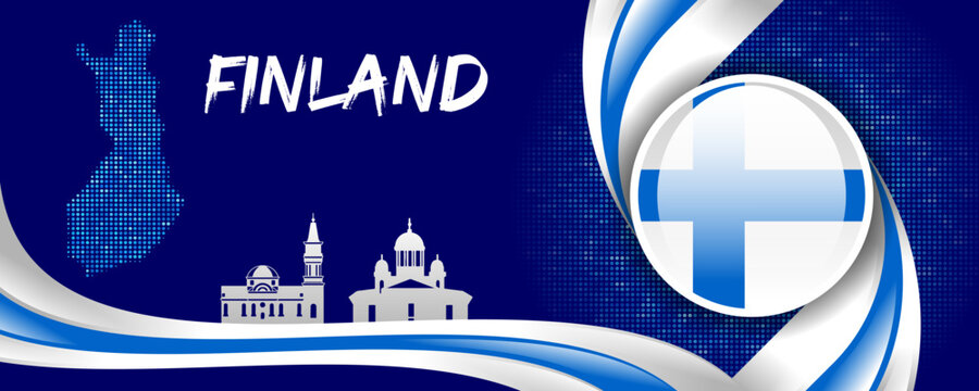 Finland Flag with Map and Famous Landmarks in Blue and White Abstract Background - Powered by Adobe