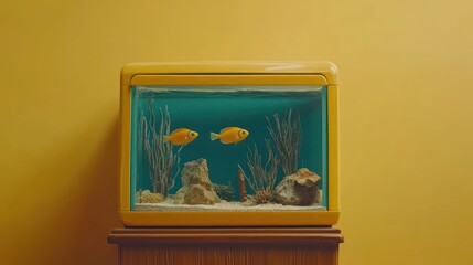 Retro yellow fish tank against a yellow wall