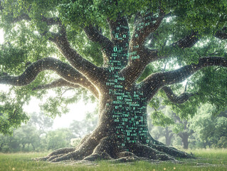Majestic ancient tree digitally overlaid with glowing binary code, symbolizing natures connection to technology.