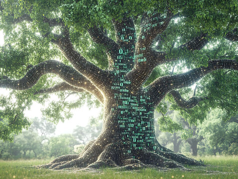 Majestic ancient tree digitally overlaid with glowing binary code, symbolizing natures connection to technology.