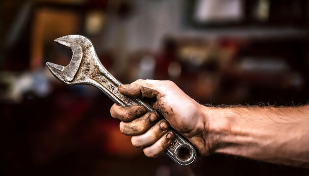 Close-up of a dirty hand firmly gripping a worn adjustable wrench.  The image evokes a sense of hard work and craftsmanship, ideal for construction, repair, or DIY projects.