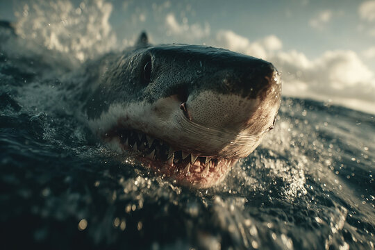 Shark leaps from ocean waves showcasing raw power and predatory instinct - Powered by Adobe