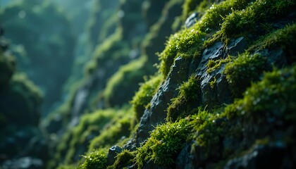 Moss-Covered Rocky Cliff in Lush Misty Forest