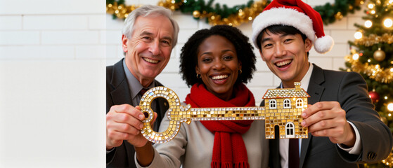Happy diverse people holding a golden house key. Real estate agent with new homeowners celebrating during Christmas. Holiday home buying concept with copy space for text