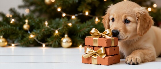 Cute golden retriever puppy with a funny Christmas gift. Adorable dog looks at bricks wrapped as holiday presents. Humorous holiday banner with copy space