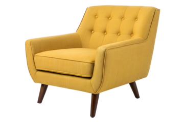 A stylish mid-century modern yellow armchair with a comfortable tufted back and tapered wooden legs, isolated on a white background for home decor concepts
