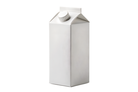 A plain white carton with a screw-top cap, likely for milk or juice, isolated on a white background, showcasing a simple and clean packaging design