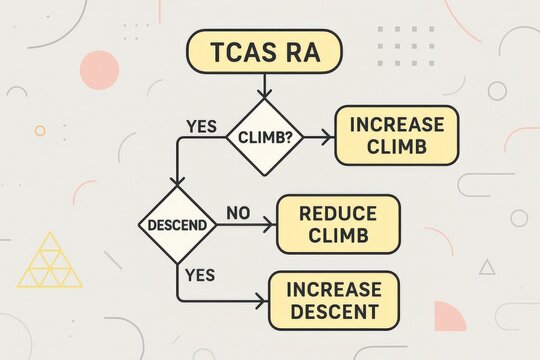 Visual representation of TCAS RA decision making flowchart illustrating climb and descent processes with schematic design and dynamic geometric elements