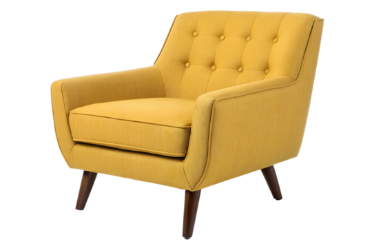 A stylish mid-century modern yellow armchair with a comfortable tufted back and tapered wooden legs, isolated on a white background for home decor concepts