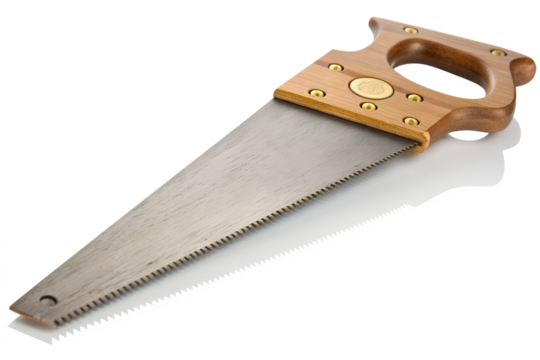 Classic woodworking handsaw with a traditional wooden handle and sharp steel blade for cutting, isolated on a white background. A professional carpentry tool