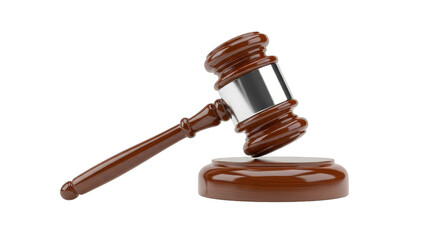 Wooden gavel with a silver handle is on a wooden base. isolated illustration on  transparent background PNG