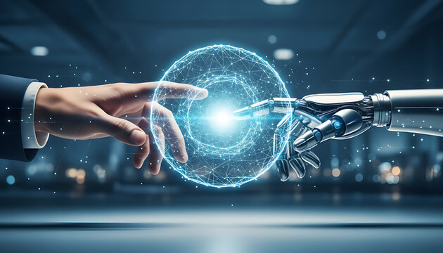 Human and robot hand reaching for a glowing sphere of interconnected dots and lines on a blue background - Powered by Adobe