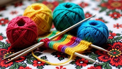 Bright colorful yarn balls and knitting needles on folk floral fabric, cheerful craft composition