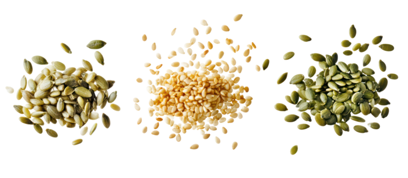 Three piles of pumpkin seeds sesame seeds and mustard seeds on transparent background