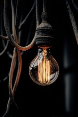 Warmly Glowing Vintage Edison Bulb with Exposed Filament Amidst Dark Industrial Wires.