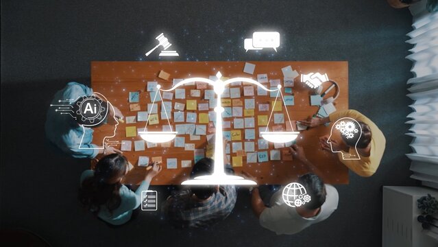 A dynamic workspace featuring a collaborative team discussing legal concepts while integrating artificial intelligence. Visual elements showcase justice and technology. Raster