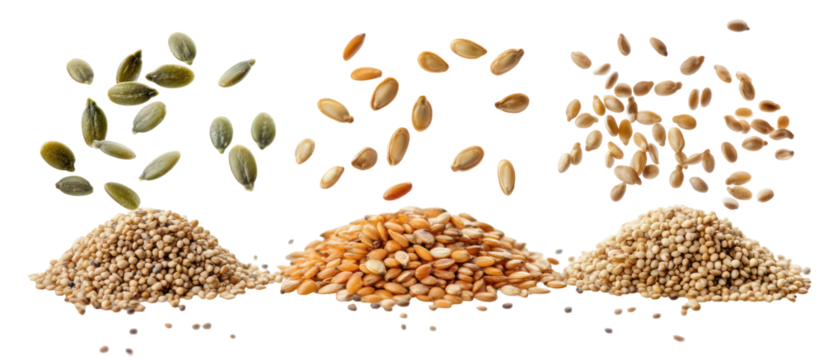 Three piles of pumpkin seeds sesame seeds and mustard seeds on transparent background