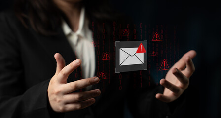 Phishing email alert concept showing digital envelope with warning sign represents data theft, network breach, and email security threats. Parse