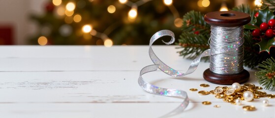 Festive Christmas background with gift wrapping supplies. Silver glitter ribbon and crafting materials on a white wooden table. Holiday banner with copy space