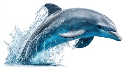 A beautiful dolphin leaps out of the water against a clean white background