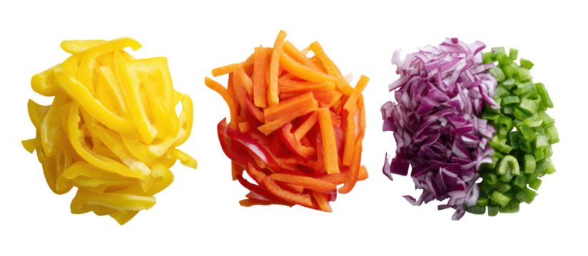 Colorful chopped vegetables arranged in rows isolated on transparent background