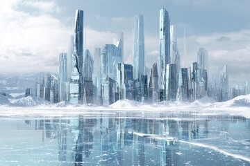 Fototapeta premium Futuristic Frozen Cityscape with Icy Blue Skyscrapers and Reflective Surface.